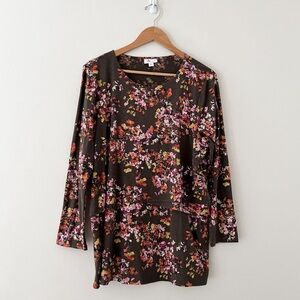 J. Jill Black Brown Floral Print Long Sleeve Layered Look Tunic Top